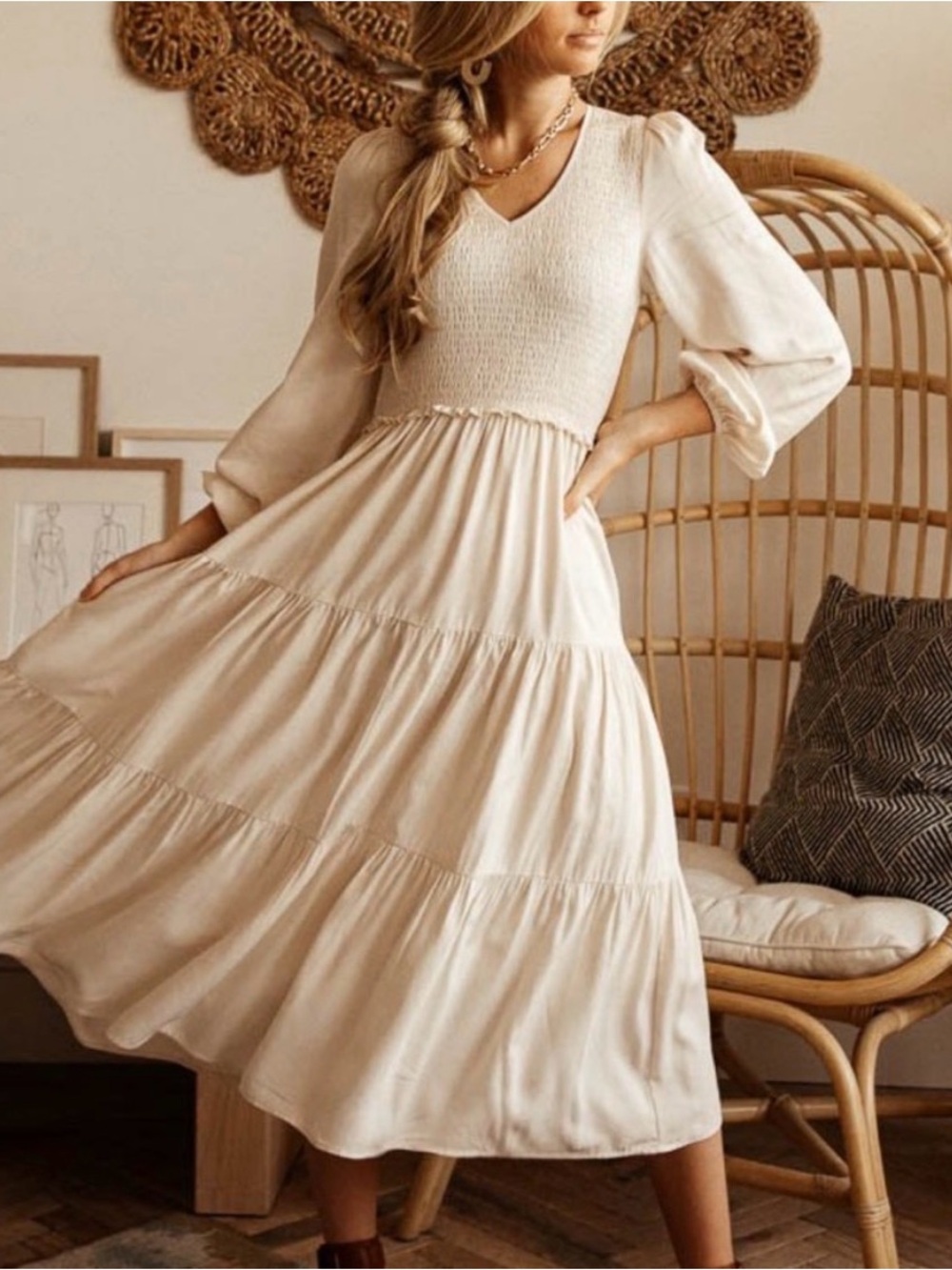bohme Cream Smocked Midi Dress with Puff Sleeves